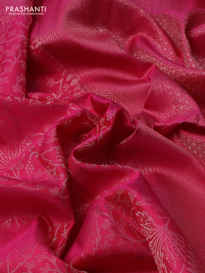 Pure soft silk saree pink with allover silver zari woven brocade weaves in borderless style