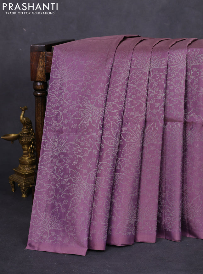 Pure soft silk saree pastel lavender with allover silver zari woven brocade weaves in borderless style