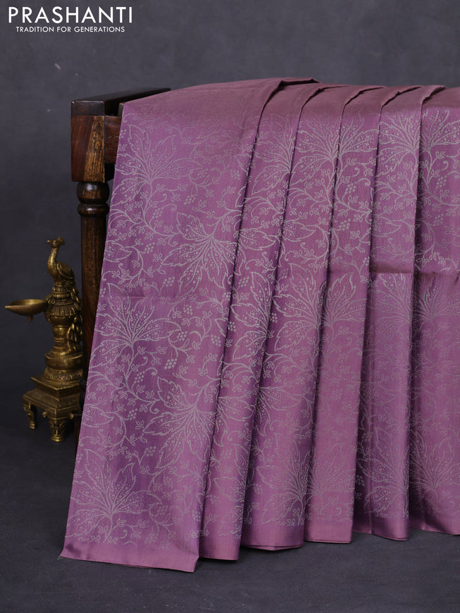 Pure soft silk saree pastel lavender with allover silver zari woven brocade weaves in borderless style