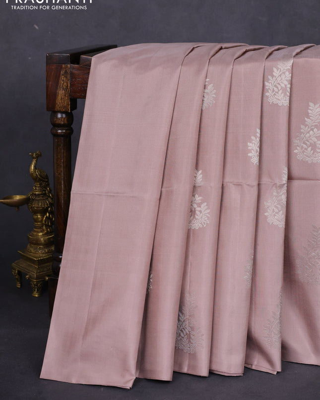 Pure soft silk saree beige with silver zari woven buttas in borderless style