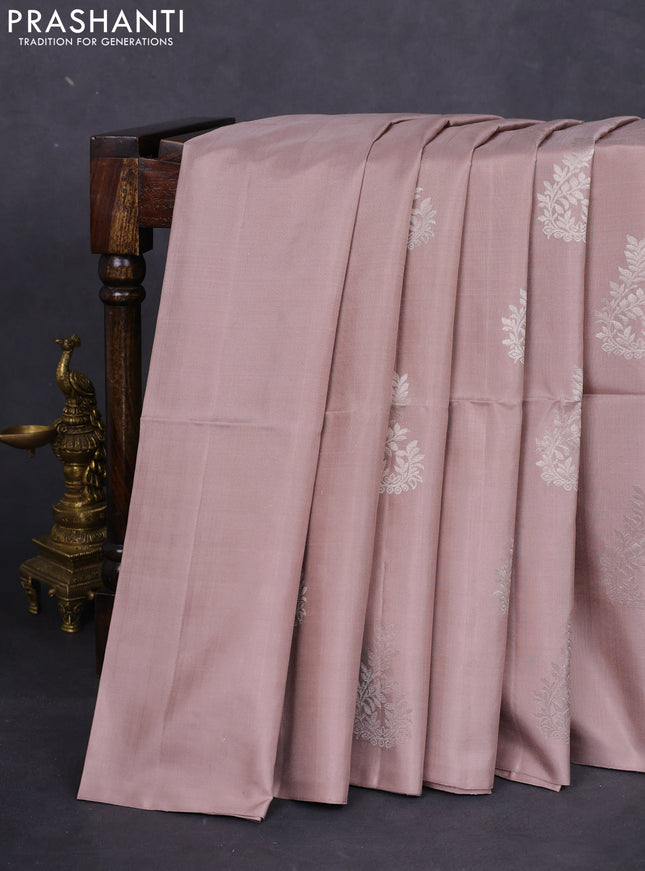 Pure soft silk saree beige with silver zari woven buttas in borderless style