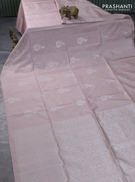 Pure soft silk saree beige with silver zari woven buttas in borderless style