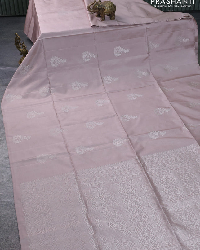 Pure soft silk saree beige with silver zari woven buttas in borderless style