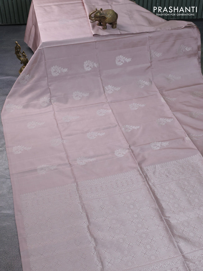 Pure soft silk saree beige with silver zari woven buttas in borderless style