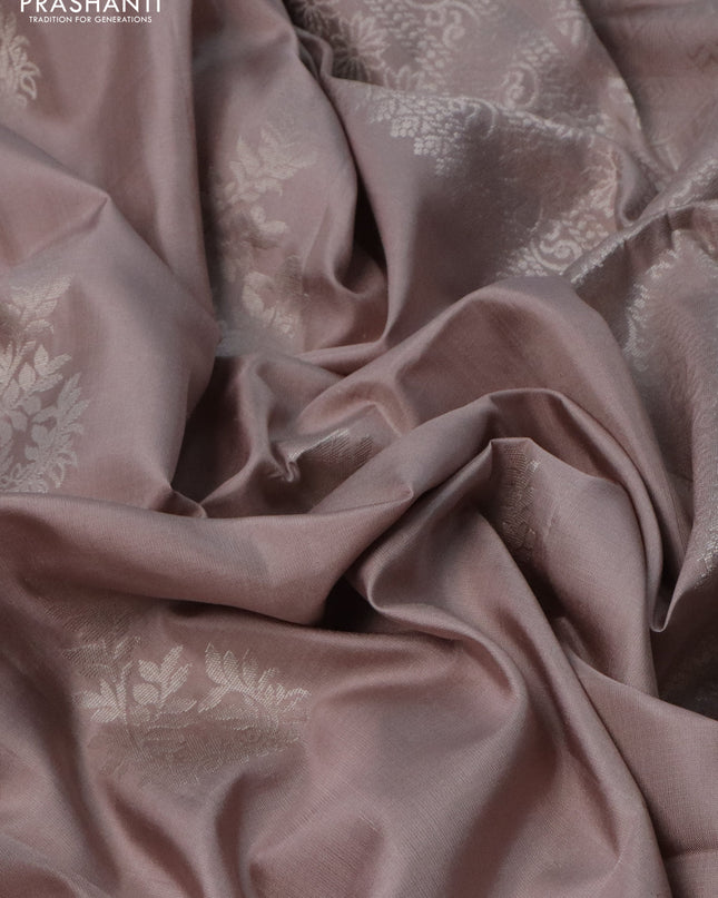 Pure soft silk saree beige with silver zari woven buttas in borderless style