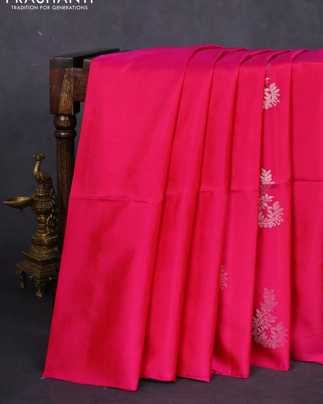 Pure soft silk saree pink with silver zari woven buttas in borderless style