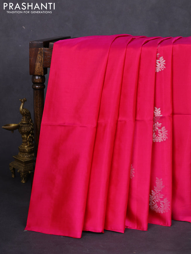 Pure soft silk saree pink with silver zari woven buttas in borderless style