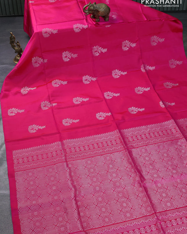 Pure soft silk saree pink with silver zari woven buttas in borderless style