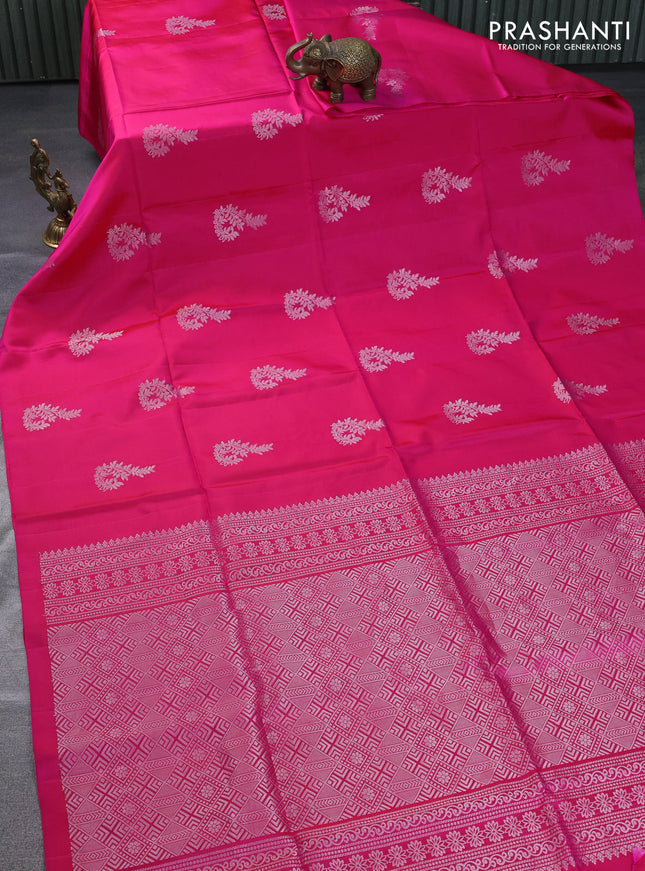 Pure soft silk saree pink with silver zari woven buttas in borderless style