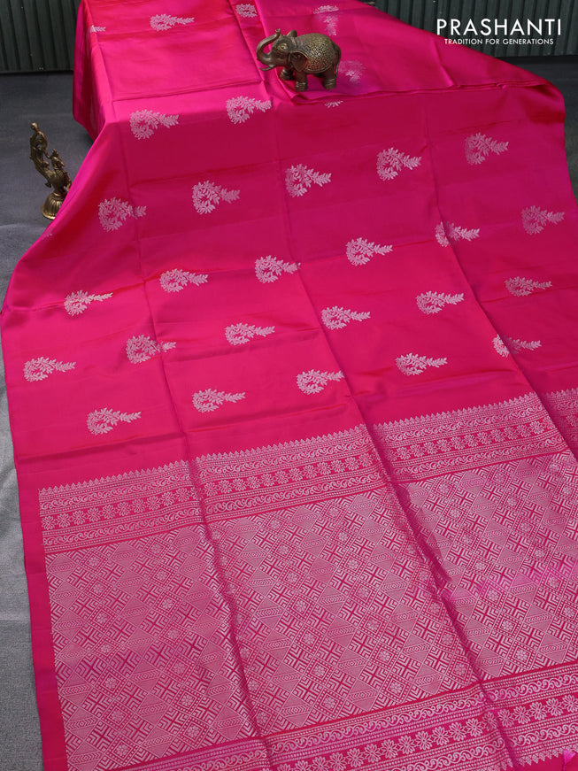 Pure soft silk saree pink with silver zari woven buttas in borderless style
