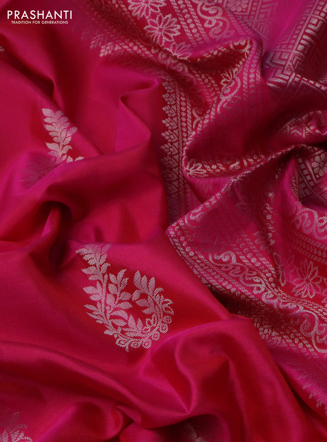 Pure soft silk saree pink with silver zari woven buttas in borderless style