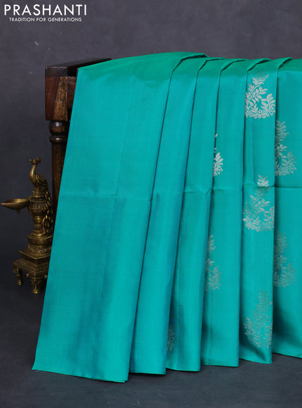 Pure soft silk saree teal green with silver zari woven buttas in borderless style