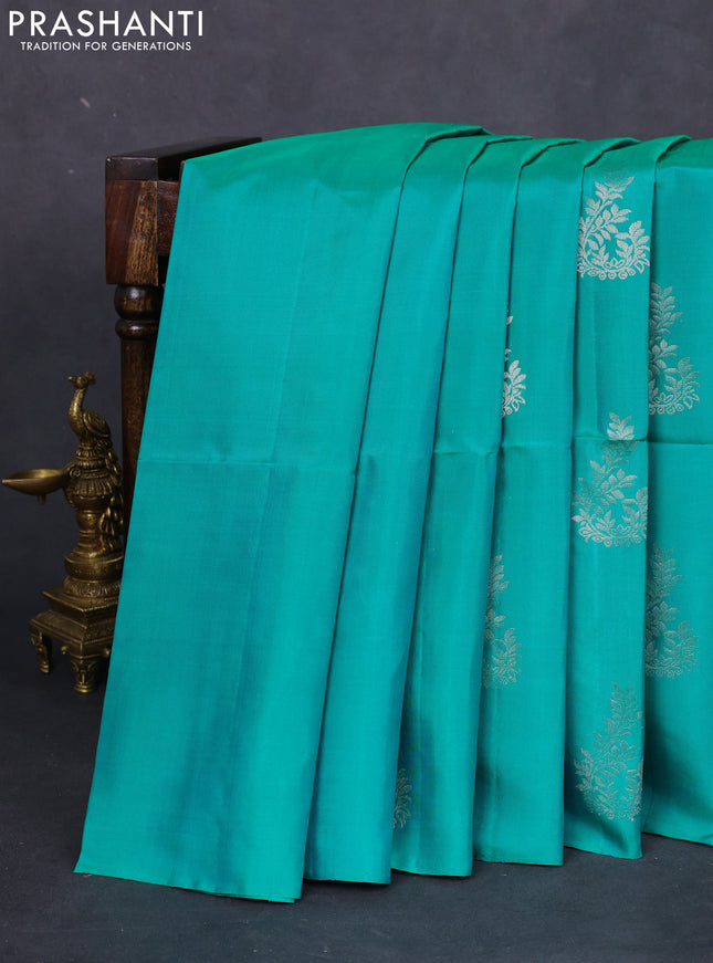 Pure soft silk saree teal green with silver zari woven buttas in borderless style