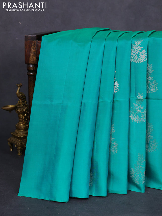 Pure soft silk saree teal green with silver zari woven buttas in borderless style
