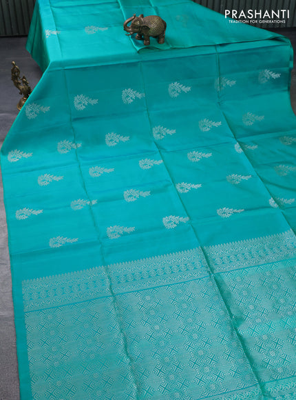 Pure soft silk saree teal green with silver zari woven buttas in borderless style