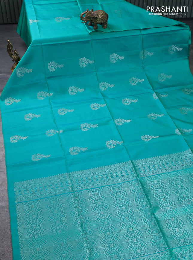 Pure soft silk saree teal green with silver zari woven buttas in borderless style