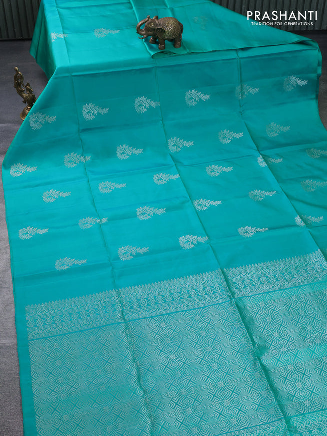 Pure soft silk saree teal green with silver zari woven buttas in borderless style