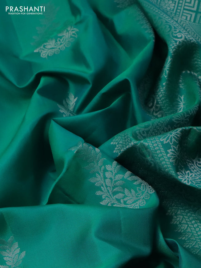 Pure soft silk saree teal green with silver zari woven buttas in borderless style