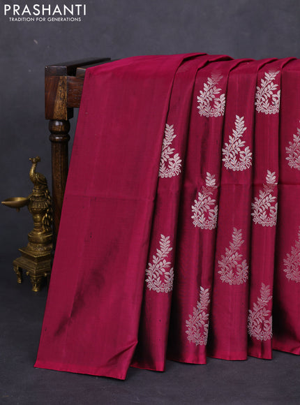 Pure soft silk saree magenta pink with silver zari woven buttas in borderless style