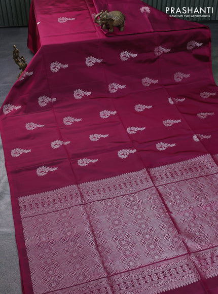Pure soft silk saree magenta pink with silver zari woven buttas in borderless style