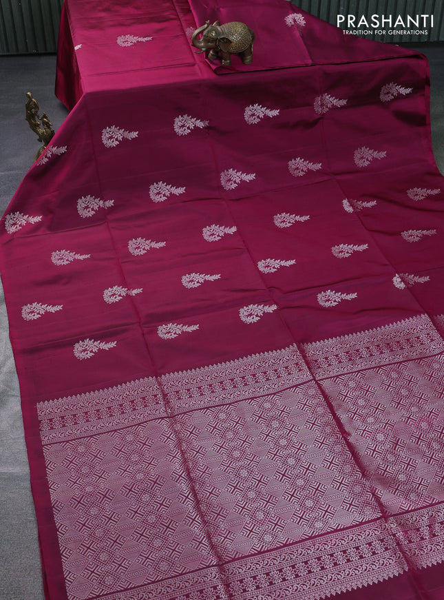 Pure soft silk saree magenta pink with silver zari woven buttas in borderless style