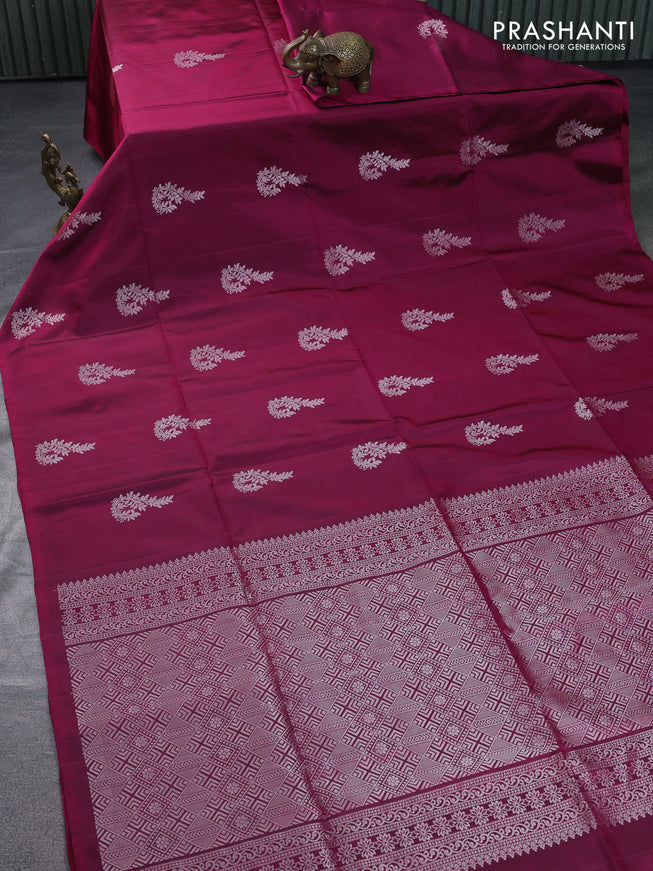 Pure soft silk saree magenta pink with silver zari woven buttas in borderless style
