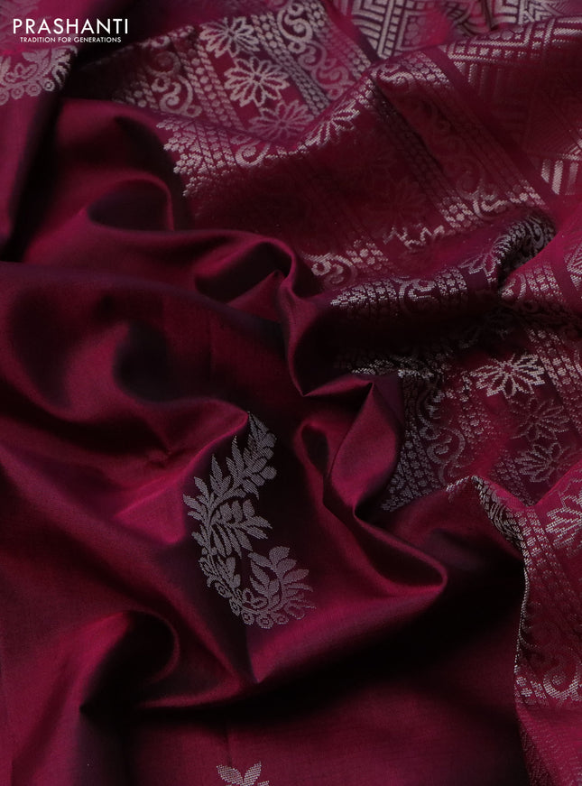 Pure soft silk saree magenta pink with silver zari woven buttas in borderless style