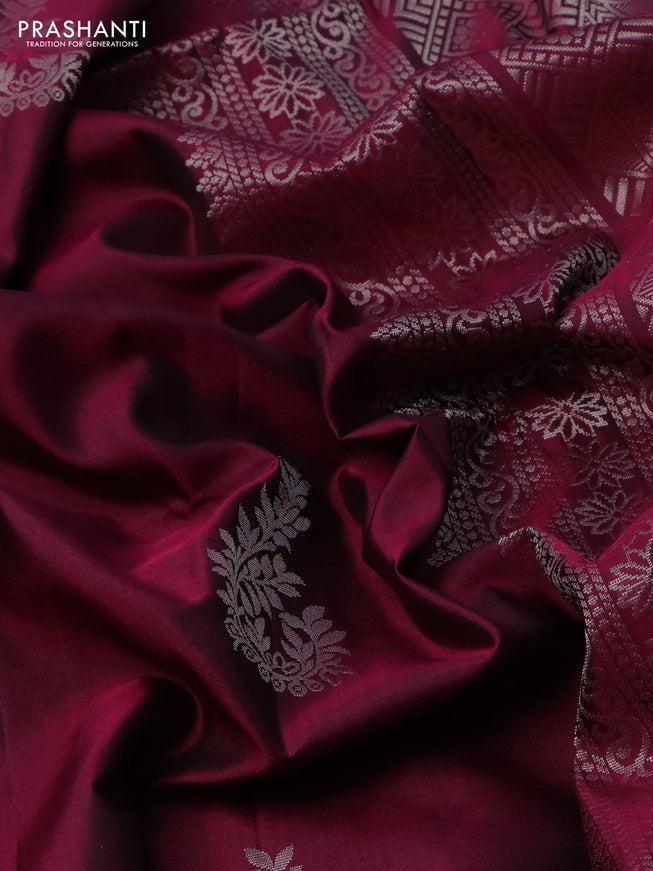 Pure soft silk saree magenta pink with silver zari woven buttas in borderless style