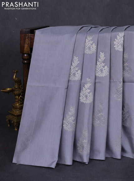 Pure soft silk saree grey with silver zari woven buttas in borderless style