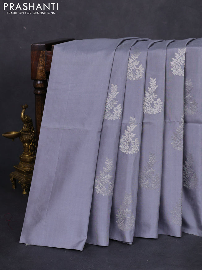 Pure soft silk saree grey with silver zari woven buttas in borderless style