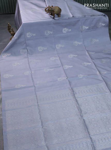 Pure soft silk saree grey with silver zari woven buttas in borderless style