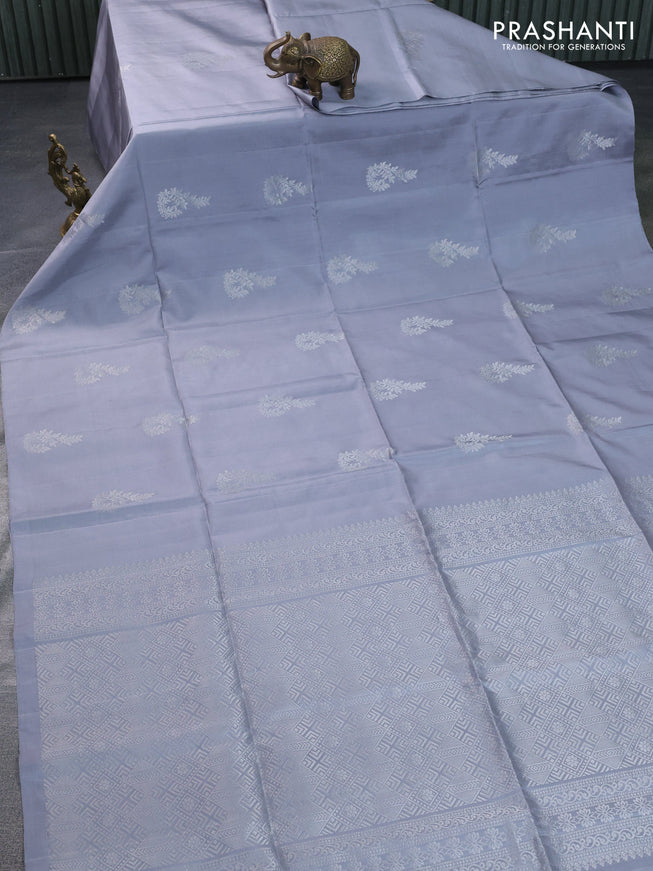 Pure soft silk saree grey with silver zari woven buttas in borderless style