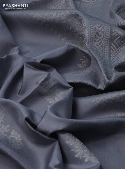 Pure soft silk saree grey with silver zari woven buttas in borderless style