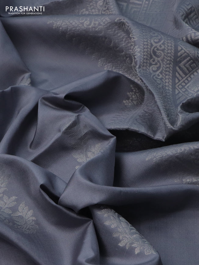 Pure soft silk saree grey with silver zari woven buttas in borderless style