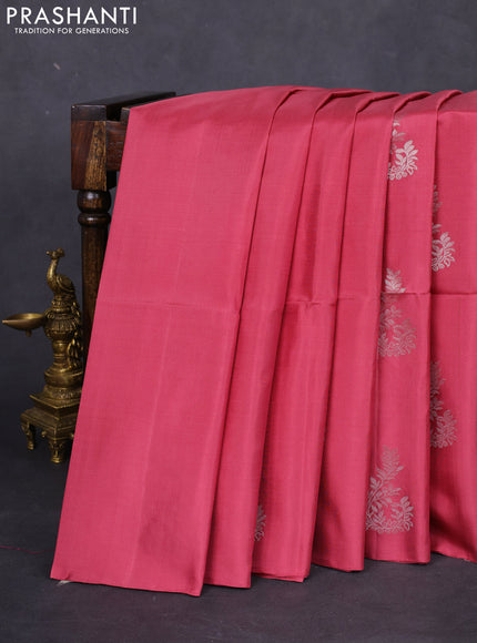 Pure soft silk saree pastel maroon with silver zari woven buttas in borderless style