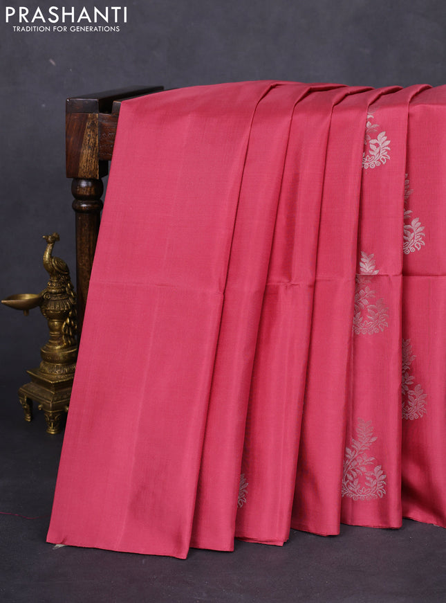 Pure soft silk saree pastel maroon with silver zari woven buttas in borderless style