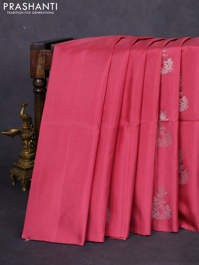 Pure soft silk saree pastel maroon with silver zari woven buttas in borderless style