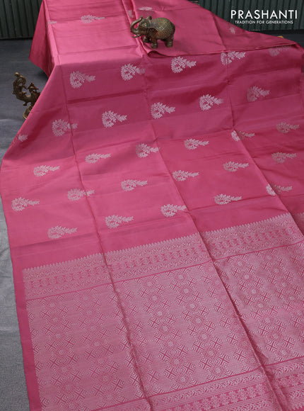 Pure soft silk saree pastel maroon with silver zari woven buttas in borderless style