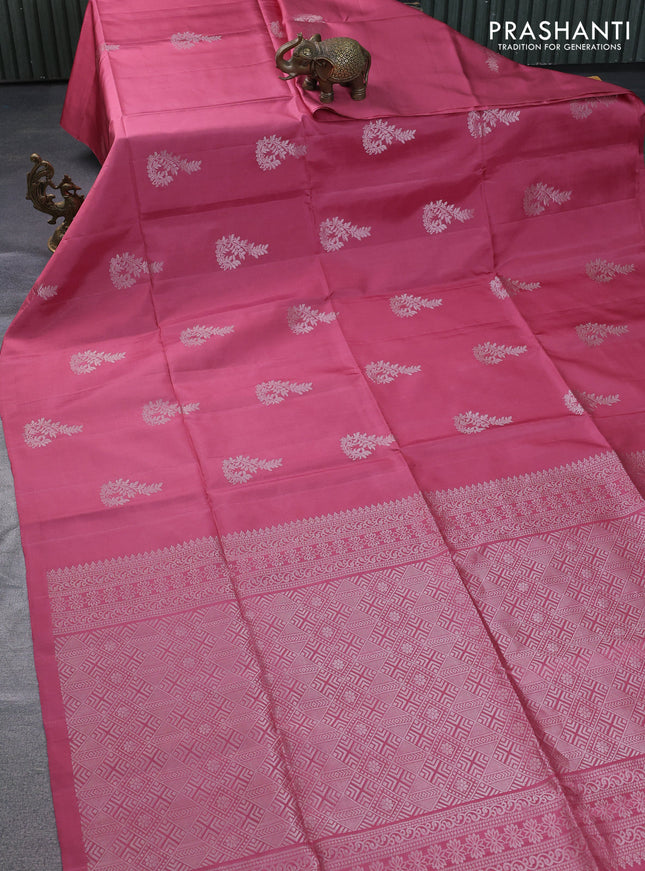 Pure soft silk saree pastel maroon with silver zari woven buttas in borderless style
