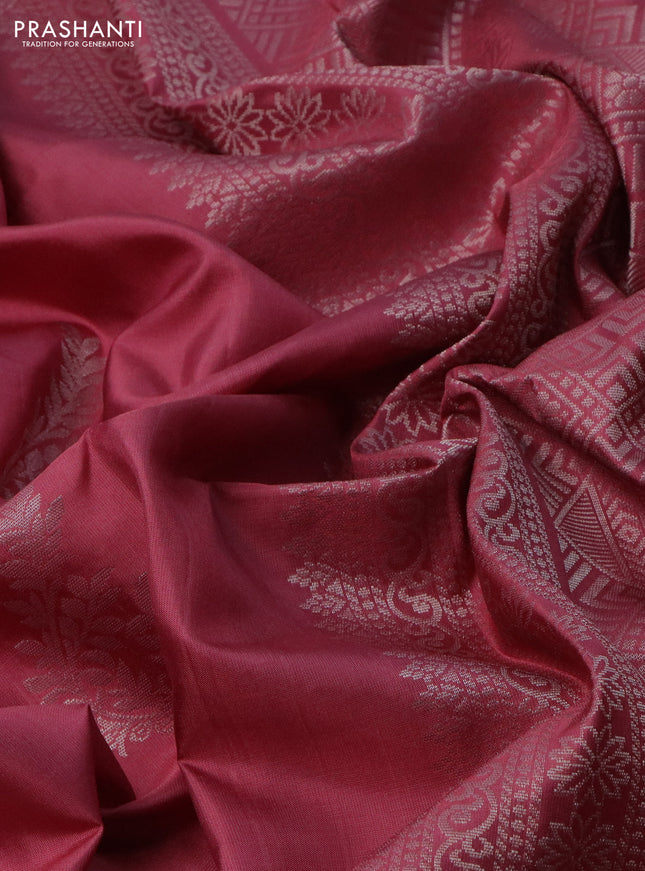 Pure soft silk saree pastel maroon with silver zari woven buttas in borderless style