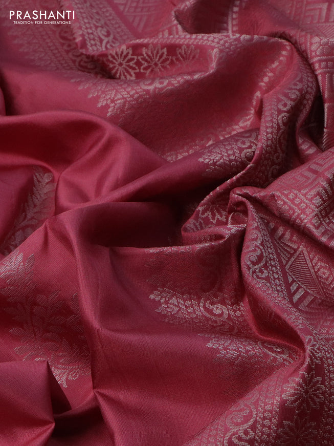 Pure soft silk saree pastel maroon with silver zari woven buttas in borderless style
