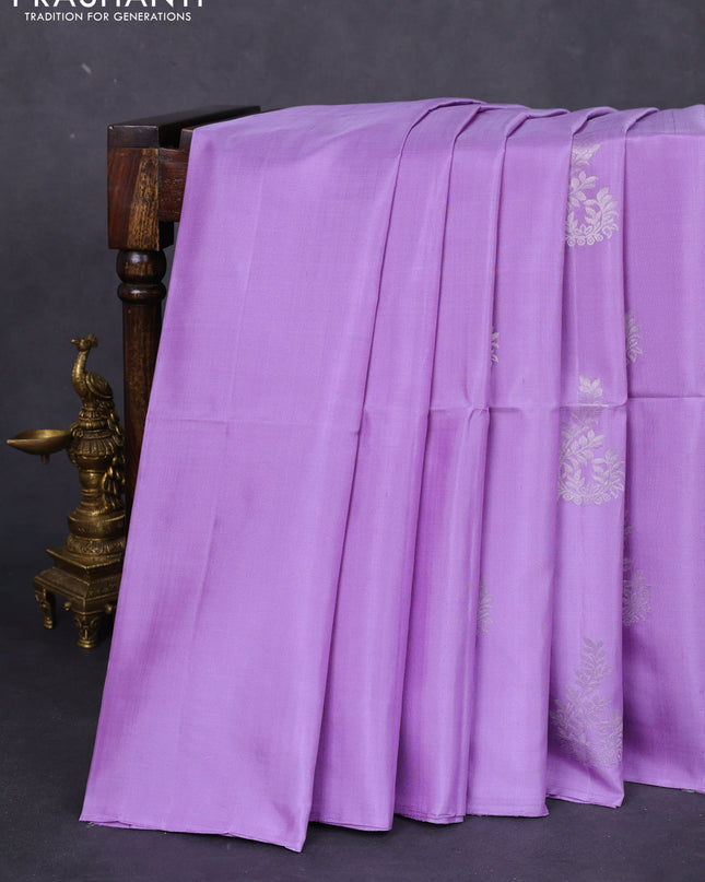 Pure soft silk saree lavender with silver zari woven buttas in borderless style