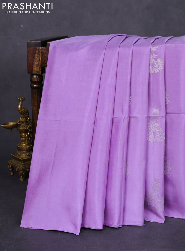 Pure soft silk saree lavender with silver zari woven buttas in borderless style