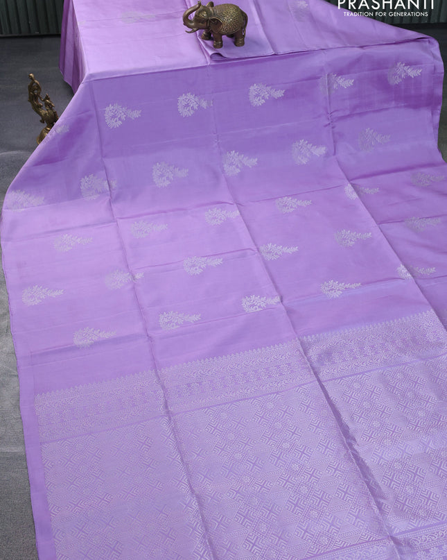 Pure soft silk saree lavender with silver zari woven buttas in borderless style