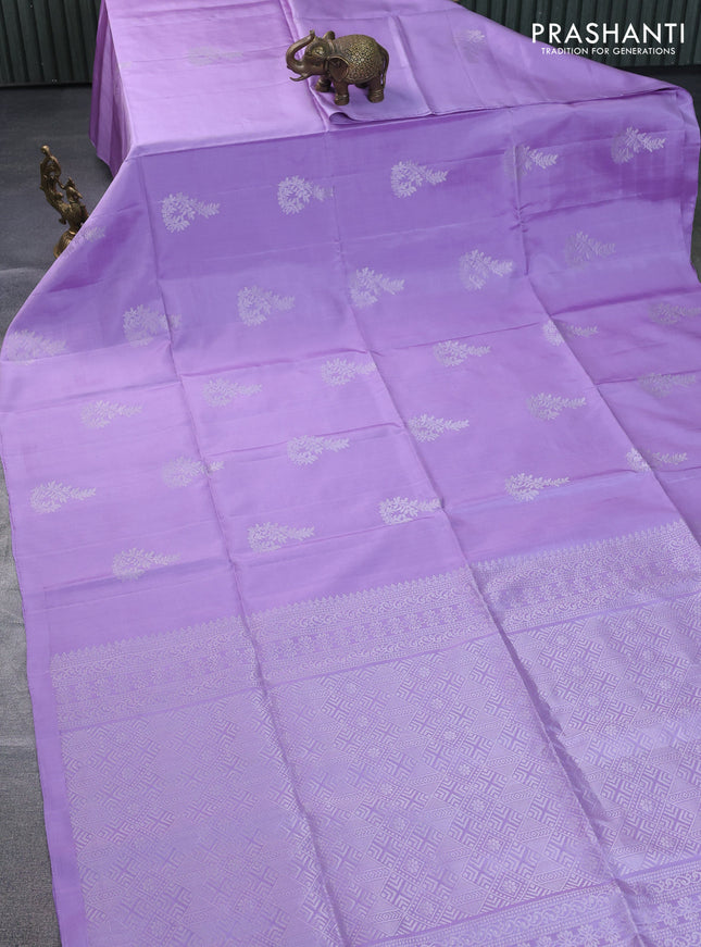 Pure soft silk saree lavender with silver zari woven buttas in borderless style