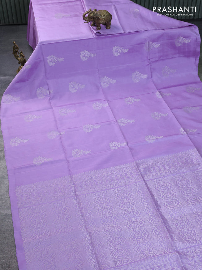 Pure soft silk saree lavender with silver zari woven buttas in borderless style