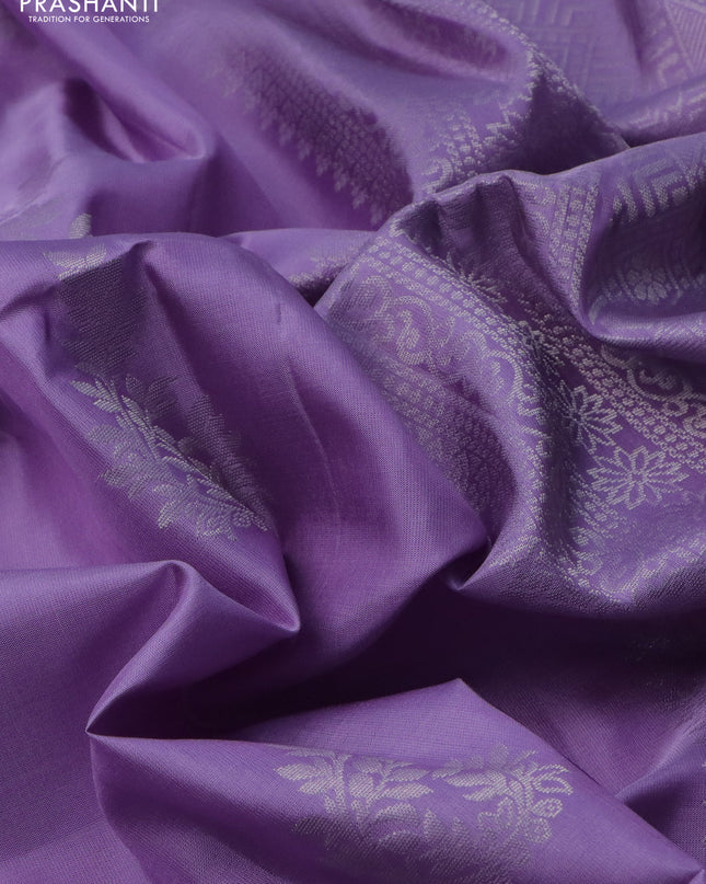 Pure soft silk saree lavender with silver zari woven buttas in borderless style