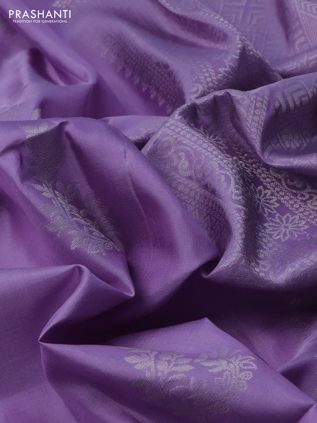 Pure soft silk saree lavender with silver zari woven buttas in borderless style