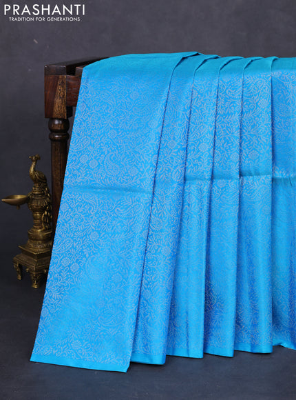 Pure soft silk saree cs blue with allover silver zari woven brocade weaves in borderless style