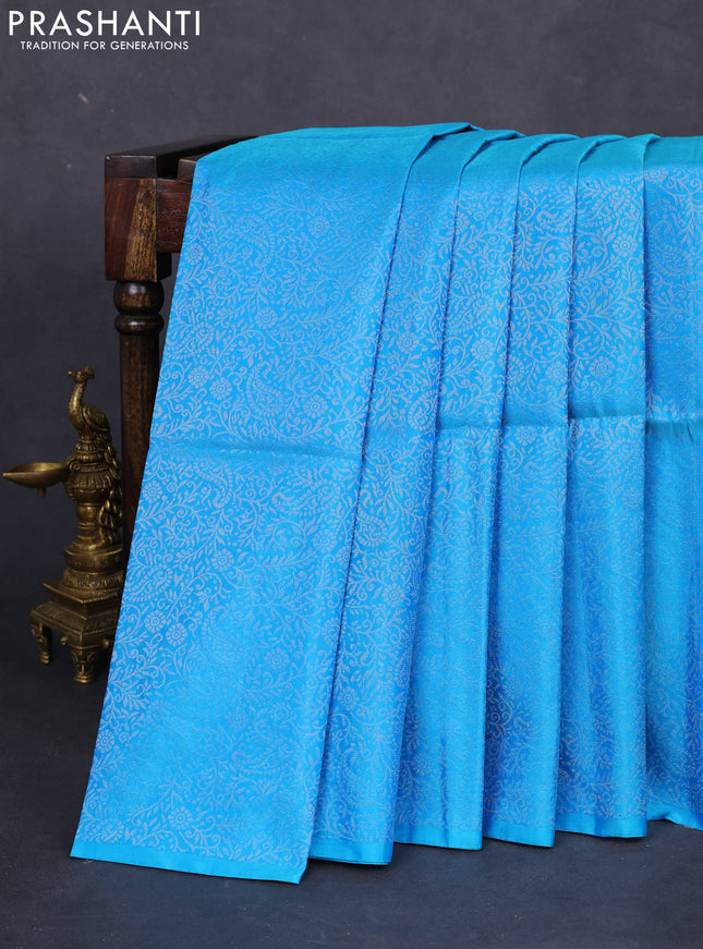 Pure soft silk saree cs blue with allover silver zari woven brocade weaves in borderless style